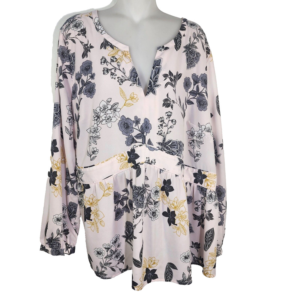 LOFT PLUS Womens Blouse Size 20 Pink Floral Split V Neck Long Sleeve Lightweight